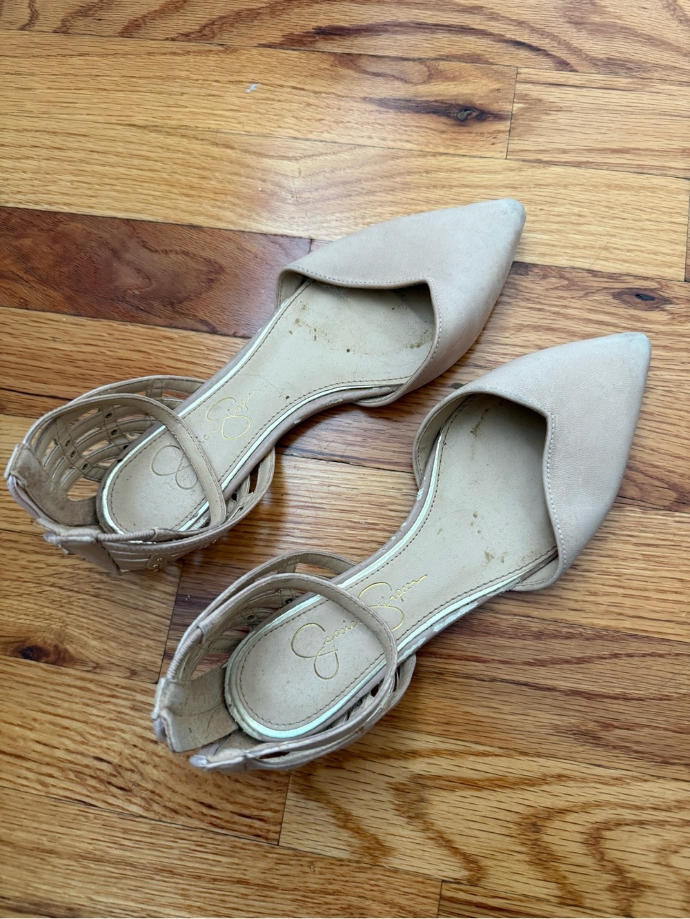 Jessica Simpson Beige Pointed-Toe D'Orsay Flats with Ankle Cage